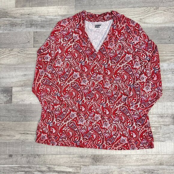 Lands' End Tops - Land's End Red Blue Paisley 3/4 Sleeve V-Neck Knit Top R22